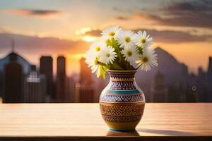 the flowers in the vase are white daisies. AI-Generated photo