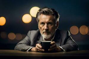 a man in a suit is sitting at a table with a cup of coffee. AI-Generated photo