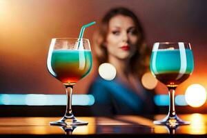 two glasses of colorful drinks with a woman in the background. AI-Generated photo