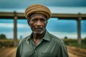 a man in a turban stands in front of a bridge. AI-Generated photo