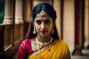 a beautiful indian woman wearing a yellow sari. AI-Generated photo