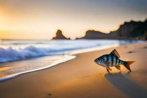 un pescado es caminando en el playa a puesta de sol. generado por ai foto