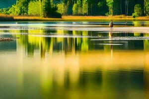 a bird stands on the shore of a lake. AI-Generated photo