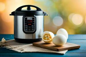 an electric pressure cooker with eggs and garlic. AI-Generated photo