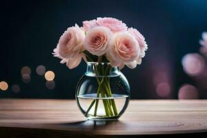 pink roses in a vase on a table. AI-Generated photo