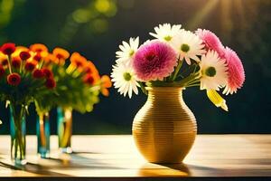 flores en floreros en un mesa. generado por ai foto