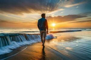 hombre caminando en el playa a puesta de sol. generado por ai foto