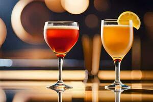 two glasses of different drinks sit on a table. AI-Generated photo
