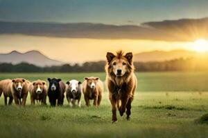 un perro y un manada de vacas son caminando juntos. generado por ai foto