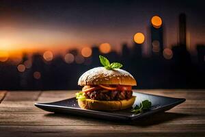 a hamburger on a plate with a cityscape in the background. AI-Generated photo