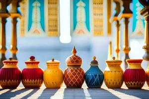 a row of colorful vases lined up on a table. AI-Generated photo