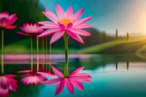 pink lotus flowers in the water with the sun setting behind them. AI-Generated photo
