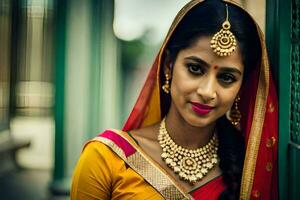 a beautiful indian woman wearing a traditional sari. AI-Generated photo