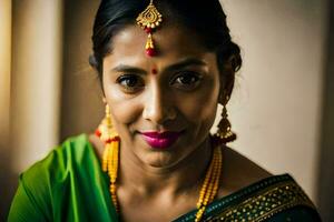 a woman in a green sari with gold jewelry. AI-Generated photo