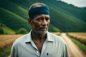 an african man in a blue headband stands in a field. AI-Generated photo