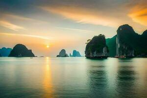 the sun sets over the water in halong bay, vietnam. AI-Generated photo