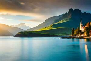 the sun sets over a mountain range and a church. AI-Generated photo