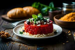 a plate of food with pasta and tomatoes. AI-Generated photo