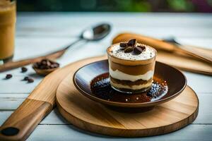 coffee and dessert on a wooden table. AI-Generated photo