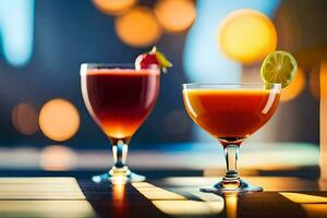 two drinks with fruit and juice on a table. AI-Generated photo