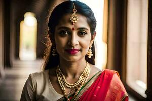 a beautiful indian woman wearing a sari and jewelry. AI-Generated photo