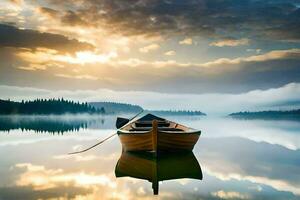 a boat on a calm lake with a sunset in the background. AI-Generated photo