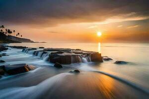 a long exposure photograph of the sun setting over the ocean. AI-Generated photo