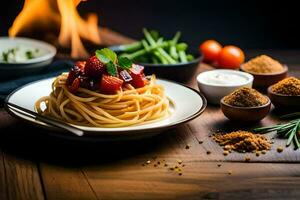 spaghetti with tomato sauce and herbs on a wooden table. AI-Generated photo