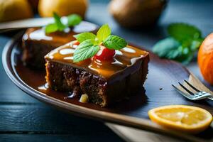 a piece of cake with caramel sauce and lemon slices. AI-Generated photo