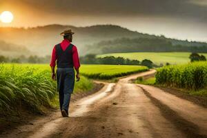 a man walking down a dirt road in a rural area. AI-Generated photo