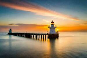 a lighthouse stands on the water at sunset. AI-Generated photo