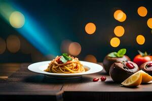 spaghetti and chocolate on a plate. AI-Generated photo