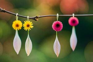 four colorful flowers hanging from a branch. AI-Generated photo