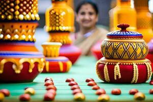 a woman is standing in front of a colorful pot. AI-Generated photo