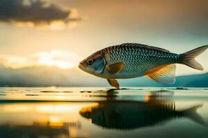 un pescado es en pie en el agua a puesta de sol. generado por ai foto