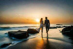 the couple is walking on the beach at sunset. AI-Generated photo