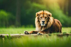 a lion sitting on a log in the grass. AI-Generated photo
