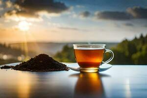 un taza de té y un pila de café en un mesa. generado por ai foto