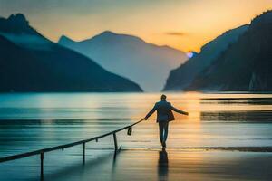 un hombre caminando en un muelle a puesta de sol. generado por ai foto