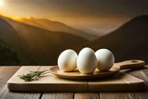 eggs on a wooden board with mountains in the background. AI-Generated photo