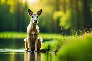 un perro sentado en el borde de un lago. generado por ai foto