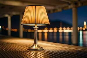 a lamp on a wooden table in front of a body of water. AI-Generated photo