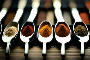 spoons with different spices in them. AI-Generated photo
