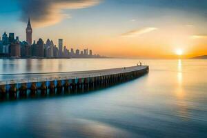 a pier in the middle of the ocean with a city skyline in the background. AI-Generated photo