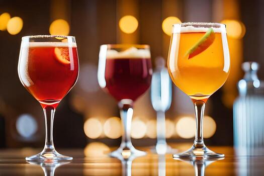 three different types of drinks are lined up on a bar. AI-Generated photo