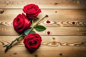 red roses on a wooden table. AI-Generated photo