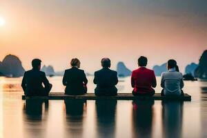 business people sitting on a dock at sunset. AI-Generated photo