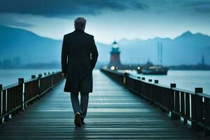 un hombre caminando en un muelle en frente de un lago. generado por ai foto