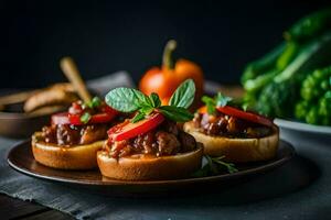 three mini sandwiches with meat and vegetables on a plate. AI-Generated photo