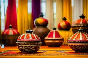 a group of colorful decorative pots sitting on a table. AI-Generated photo